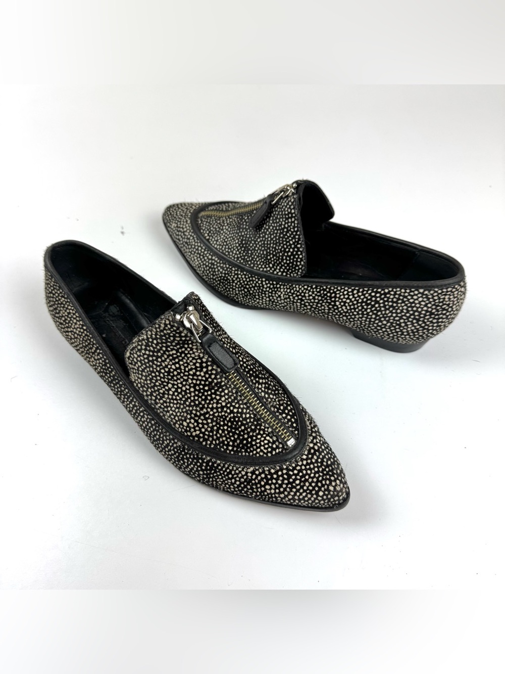 10 Crosby Derek Lam Stached Heel Flat Arty Haircalf Zip Shoes Pointy Size 6.5 M